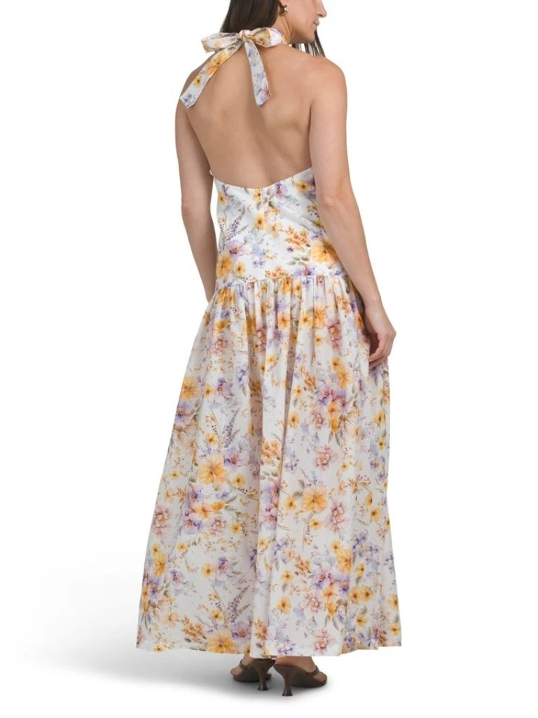 Nwt $450 Aqua Blu Lilas Tie Halter Floral Maxi Dress Yellow Multi Size Large — image 2 of 5